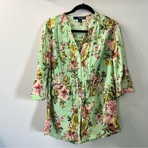 Denim 24/7 Green & Pink Short Sleeve Floral Pintuck Cotton Button Down Shirt 16W